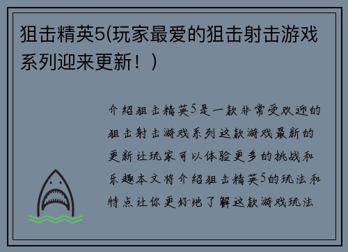 狙击精英5(玩家最爱的狙击射击游戏系列迎来更新！)